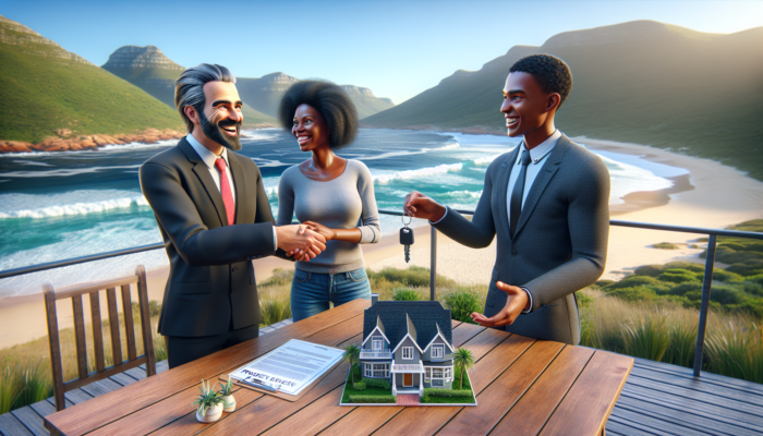 A cheerful real estate agent hands over keys to a diverse couple on a sunny beachfront deck in Plettenberg Bay, with ocean waves, green hills, and property documents nearby.