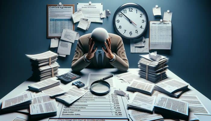 A stressed person at a cluttered desk with financial documents, a clock showing a missed deadline, and a magnifying glass over fine print on a credit card agreement, highlighting hidden fees.
