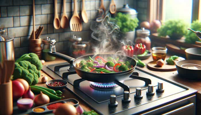 A sizzling skillet on a stove cooking a colorful, nutritious meal, with minimal utensils and ingredients around, symbolising efficiency and versatility.