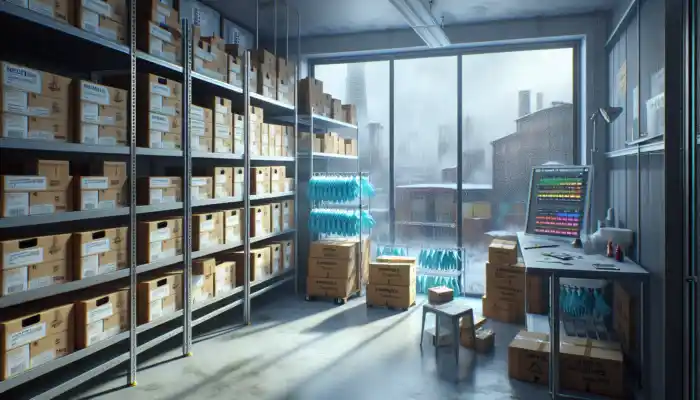 Nitrile gloves stored neatly in airtight boxes on a shaded shelf in a cool, dry storage area in Fareham, shielded from sunlight and moisture.