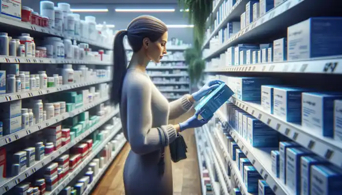 A customer in a Fareham pharmacy examining blue nitrile gloves, checking CE marks and prices among a variety of medical supplies.