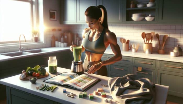A fit woman prepares a green protein smoothie in a vibrant kitchen at dawn, with workout gear and an open food diary nearby.