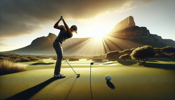 A South African golfer on a sunlit course, adjusting grip and stance, with Table Mountain in the background.