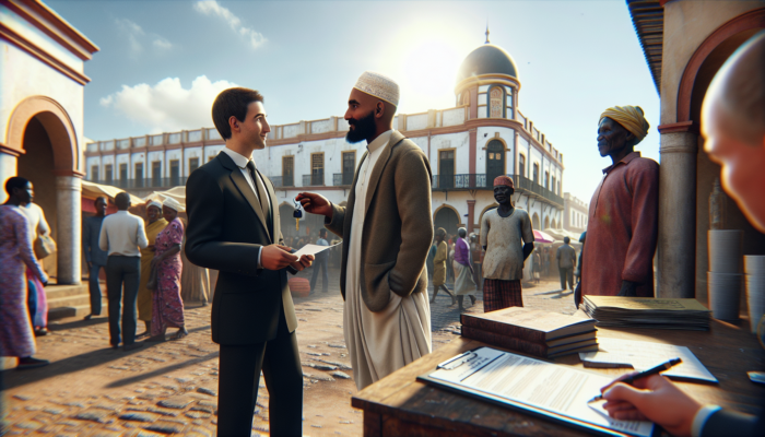 In Makhanda, a real estate agent discusses rental options with potential tenants outside a historic colonial building, under a sunny sky with market stalls and locals.