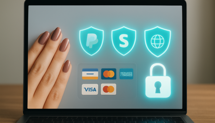 Modern checkout screen displaying icons for PayPal, Stripe, WorldPay, secure locks, and encryption shields.