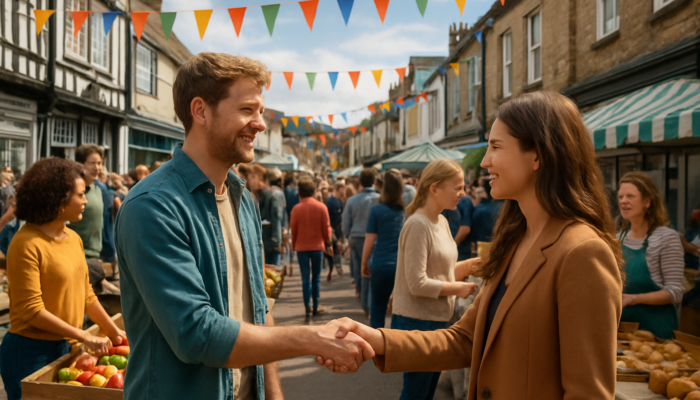 Vibrant Totnes street market: owners shaking hands with influencers under colourful banners, amid crowds and British architecture.