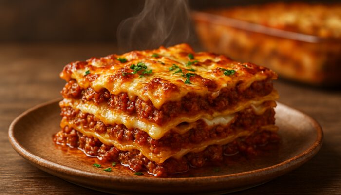 Golden baked lasagna with meat sauce, melted mozzarella, herbs, and steam on a rustic plate.