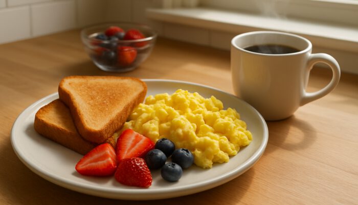 Sunny kitchen counter with scrambled eggs, golden toast, sliced berries, and steaming coffee for easy breakfast ideas.