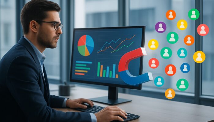 Analyst examining data dashboards as colorful user icons are magnetically attracted, symbolizing lead magnet evolution.