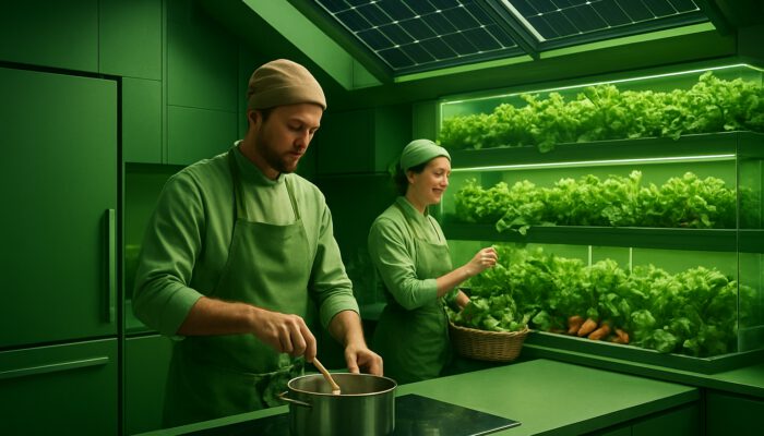 Futuristic 2025 kitchen with solar appliances, hydroponic gardens, and eco-friendly chefs in green tones.