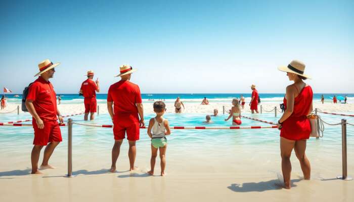 Beach scene featuring lifeguards in red uniforms monitoring swimmers in designated areas, with families enjoying the sun under protective hats and sunglasses.