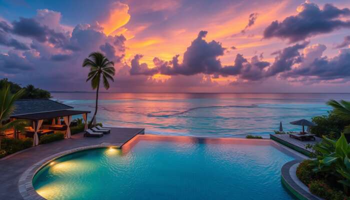 Luxurious Belizean resort at sunset, surrounded by lush jungles and pristine beaches, featuring elegant suites, an infinity pool, and gourmet dining.