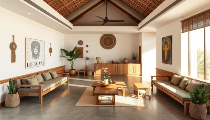 Modern boutique hotel lobby showcasing minimalist design, sustainable wooden furnishings, indigenous crafts, and local artworks illuminated by natural light.