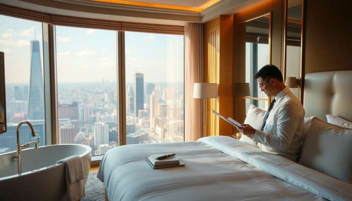 A hotel inspector reviews pristine linens and gleaming fixtures in a luxurious five-star suite, holding a checklist with a city view bathed in golden light.