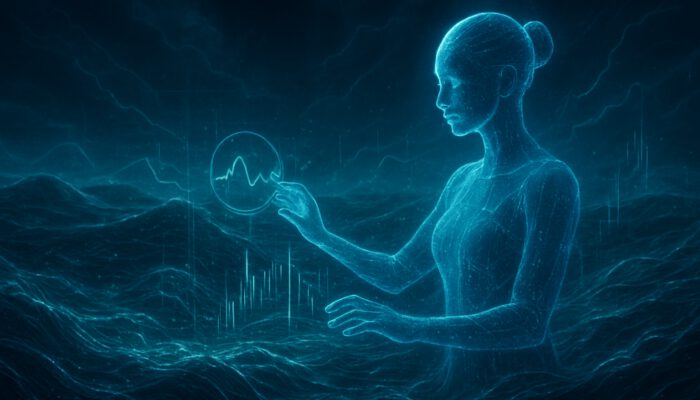 Glowing holographic virtual assistant navigates stormy data charts, stabilising predictions and anomalies.