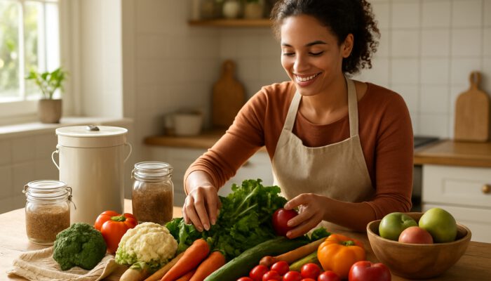 Smiling cook arranging fresh veggies and fruits in a zero-waste kitchen with a compost bin.