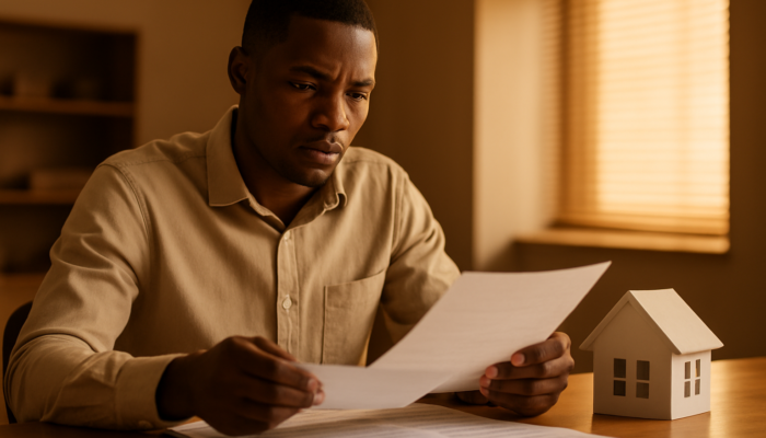 Determined South African applicant reviewing payslips and contracts for a bank home loan.