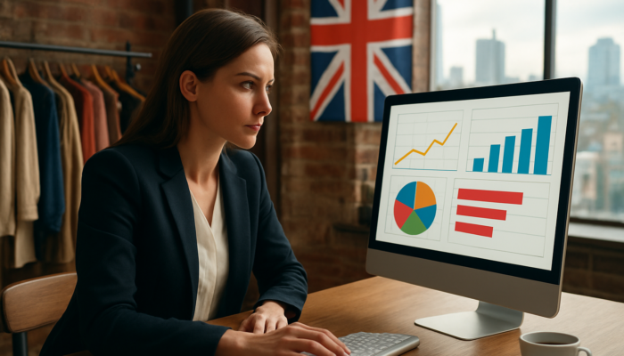 Focused entrepreneur in Manchester boutique assessing rising Google Analytics graphs with Union Jack backdrop.
