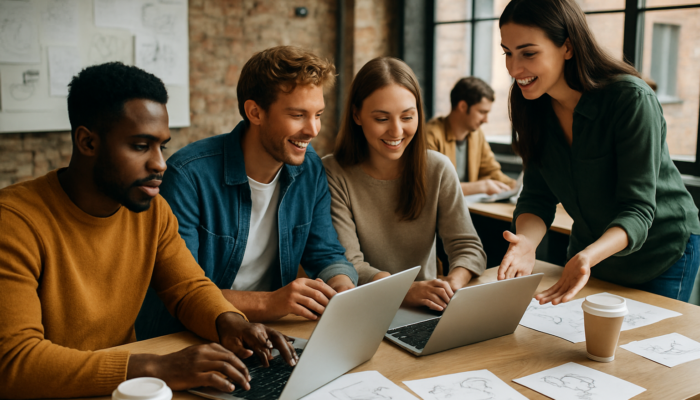 Young entrepreneurs collaborating in a UK startup office, surrounded by laptops, sketches, and coffee cups with local influencers.