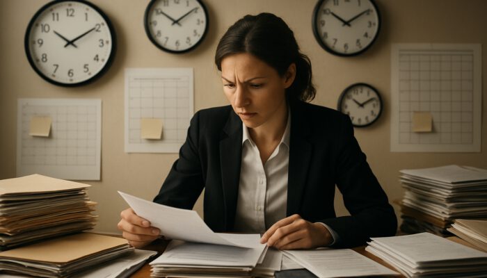 Focused campaign assistant prioritising documents in a cluttered office under deadline pressure.