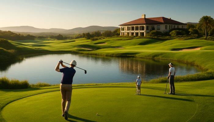 Breathtaking Oubaai Golf Club course featuring pristine greens, shimmering hazards, players teeing off, and an impressive clubhouse.