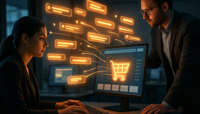 Analysts extracting valuable keywords from floating reviews to boost a vibrant e-commerce website.
