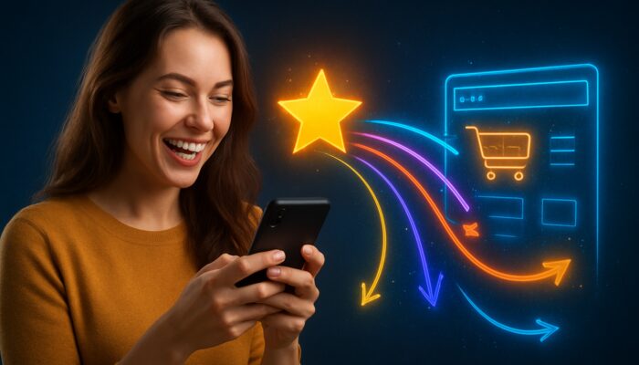 Joyful customer on smartphone posting a review, with vibrant links to a bustling e-commerce site symbolising SEO growth.