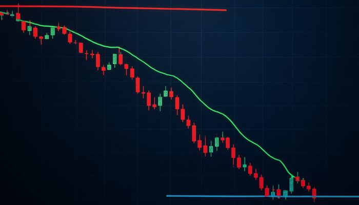 Stock chart featuring red stop-loss, green trailing stop, and blue limit lines during a rapid market drop.