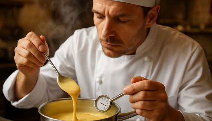 Chef stirring golden custard in a saucepan, monitoring thermometer at 82°C as steam rises.