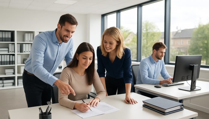 Modern office in Yeovil featuring tidy desks, organized files, and focused employees benefiting from natural light.