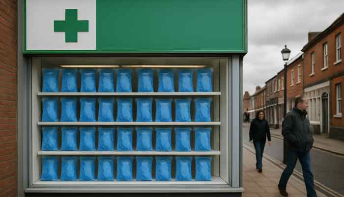 Sterile blue medical gloves on display in a pharmacy window in Burton upon Trent.