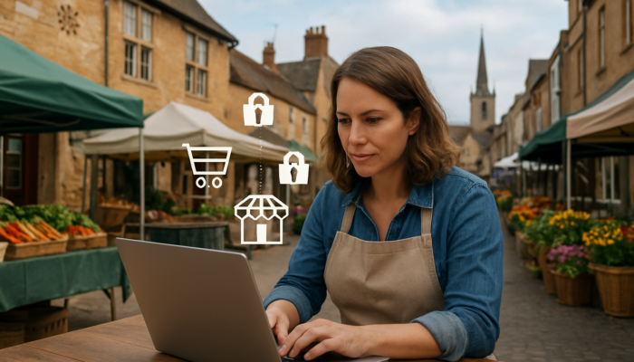 Small business owner in Newent customising the WooCommerce dashboard on a laptop, surrounded by market stalls and e-commerce icons.