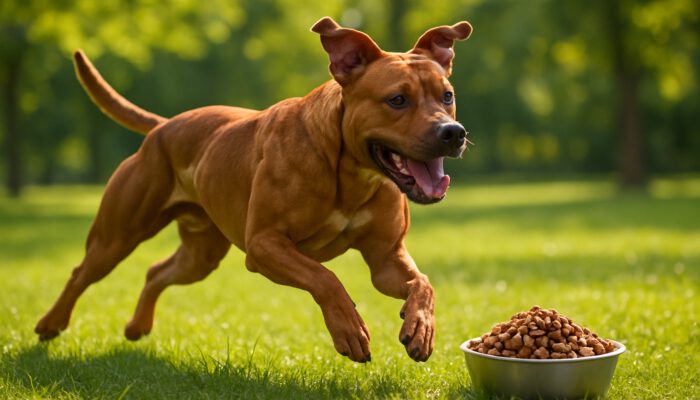 Muscular dog sprinting in sunny park with a bowl of high-protein kibble nearby.