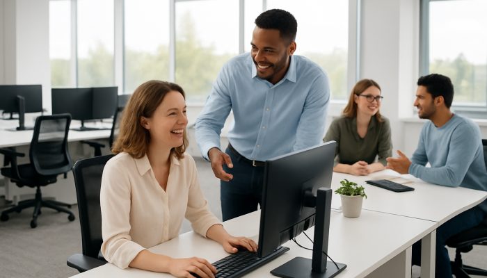 A modern Ilchester office featuring spotless desks, ergonomic workstations, and content employees collaborating.