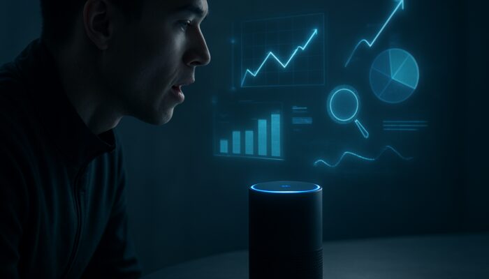 User speaking to a smart assistant, with holographic SEO graphs and keywords floating around.