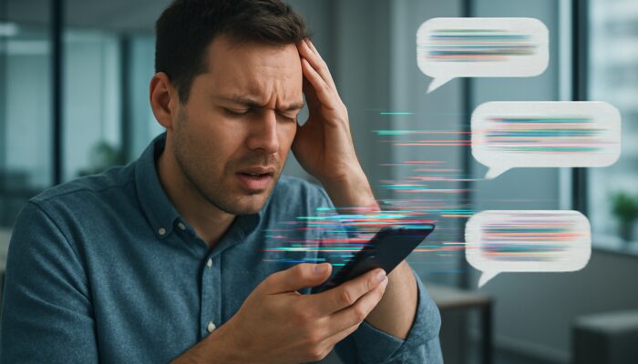 Frustrated user in a modern office interacting with a malfunctioning smartphone voice assistant, surrounded by distorted sound waves and misinterpreted text bubbles.