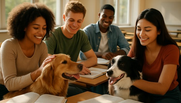 Diverse students smiling while petting therapy dogs and studying in a sunny classroom.
