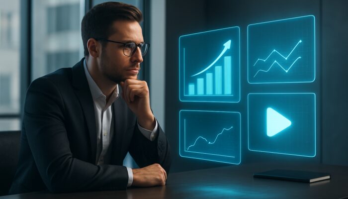 Marketer analysing glowing holographic competitor media charts with strategic arrows in a sleek office