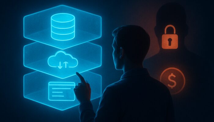 Individual reviewing holographic web hosting tiers with illuminated icons and concealed SSL fees in shadows