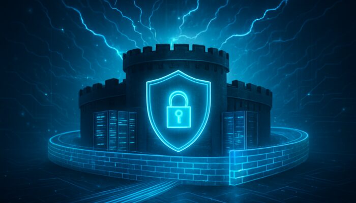 Digital fortress shielding illuminated servers with firewalls, encryption, and backups in a vibrant cyber landscape