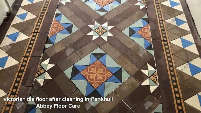 Victorian tile floor in Penkhull after careful cleaning with improved colour and clearer geometric pattern