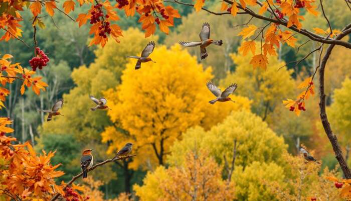 A flock of birds migrates over a colourful autumn forest, some feeding on ripe berries amid falling leaves, others nesting, with birdwatchers observing.