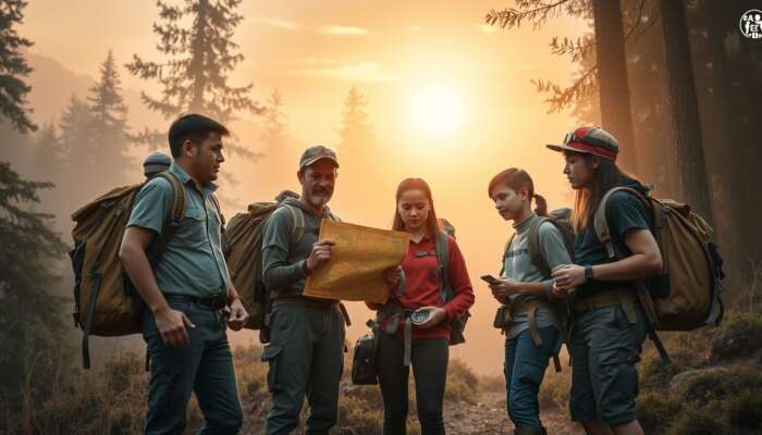 Diverse first-time explorers at a misty forest edge, studying a map and compass, equipped with backpacks and safety gear under a golden dawn.