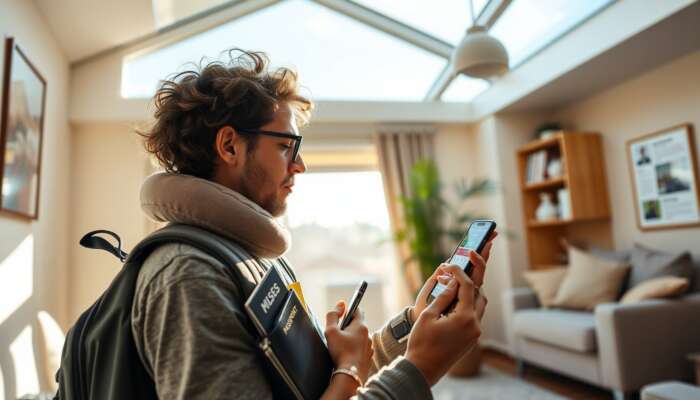 A traveller in a sunlit room packs a backpack with essential items such as passports, snacks, a neck pillow, and tech gadgets while checking a bus schedule on a smartphone.