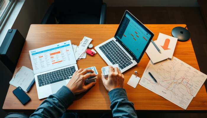A traveller at a desk, planning a bus journey with a laptop, calendar, tickets, and a route map.