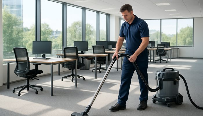 Professional cleaner vacuuming sleek modern office in Somerton with sparkling windows and natural light