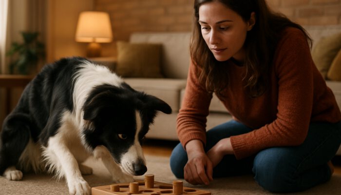 Border collie solving a wooden puzzle toy while owner kneels nearby observing in a cozy room