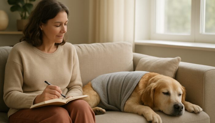 Relaxed dog wearing calming wrap on couch while owner records reactions in journal