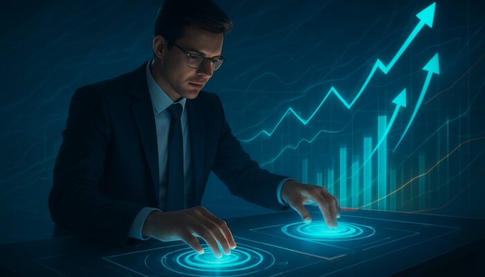 Trader adjusting holographic charts with upward arrows for iterative market optimization strategy