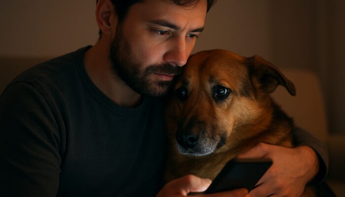 Pet owner cradling distressed dog while checking 24/7 vet clinics on smartphone for emergency care